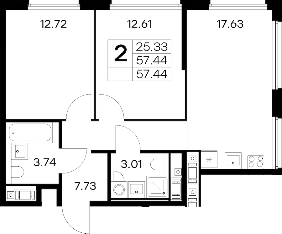 2-комнатная квартира 57.44 м², 11/18 эт., ЖК «Glorax City Василеостровский»
